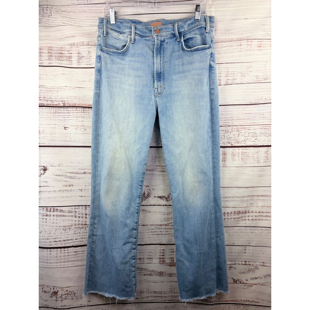 Mother The Hustler Ankle Fray Au Revoir Light Blue Wash High Rise Raw Hem Sz 32